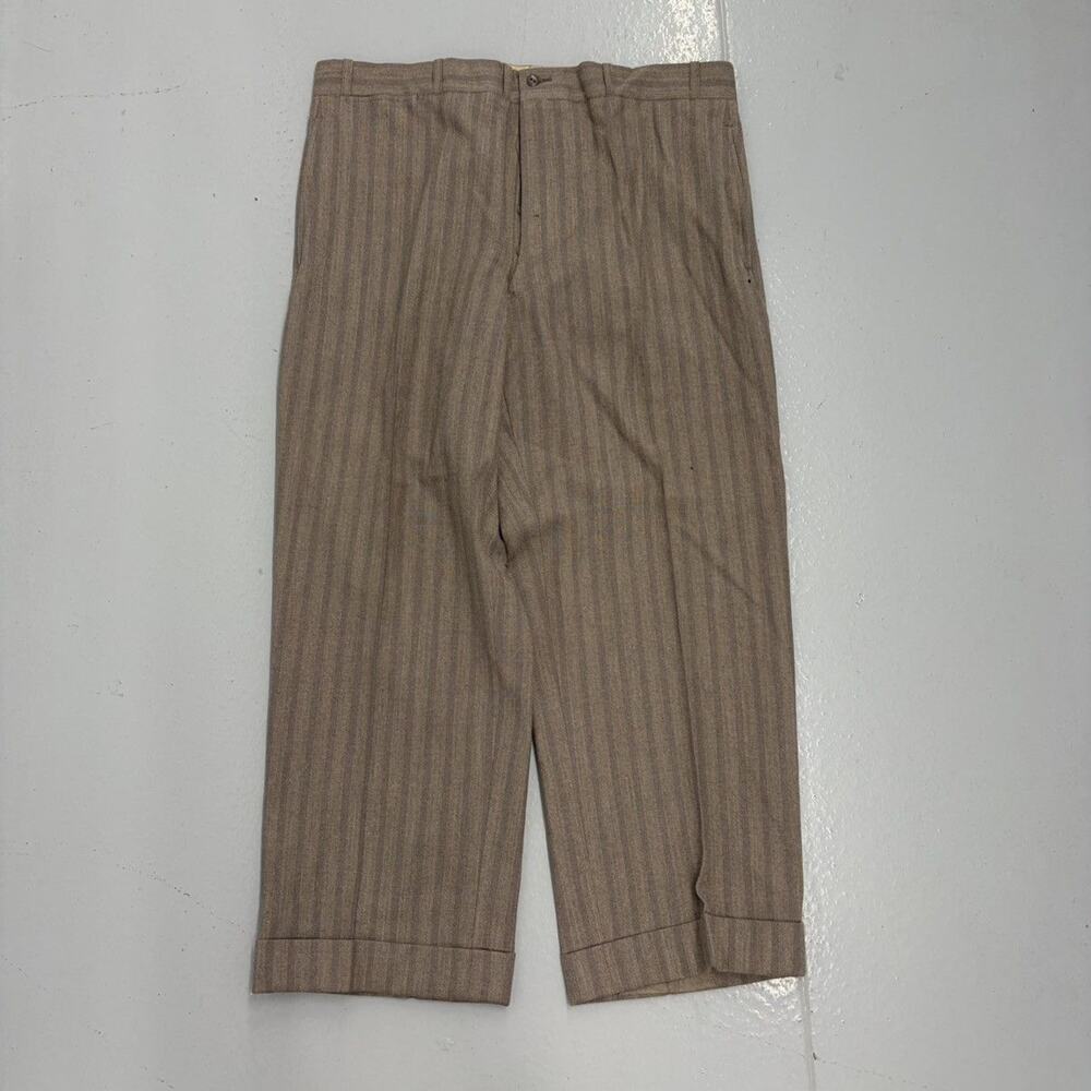 NOS Vintage 50s Tan Striped Wool Buttonfly Trousers 36x27